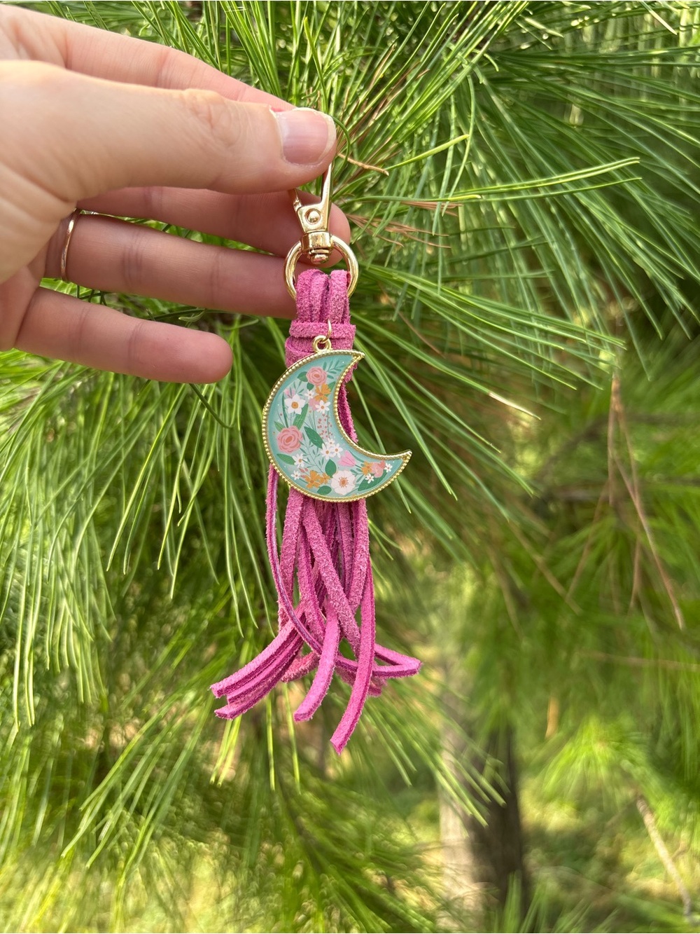 Short Pink Crescent Moon Tassel Keychain Charm Bag Purse Flair